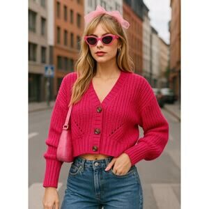 Pink Republic Hot Pink Chunky Knit Cropped Coquette Cardigan Size L Barbiecore